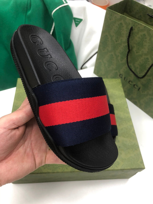 GG Web Slide Sandals Black Red Rubber Cotton 788218