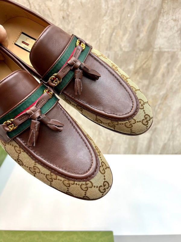 GG Men's Tassel Loafer Brown Cowhide Canvas 548740
