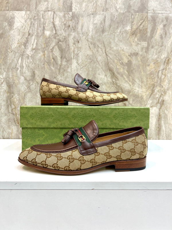 GG Men's Tassel Loafer Brown Cowhide Canvas 548740