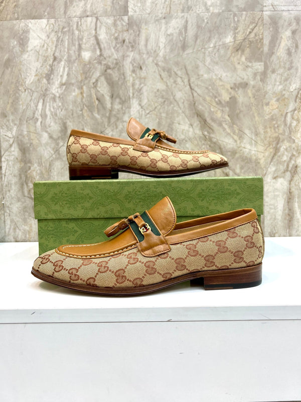GG Men's Tassel Loafer Light Brown Cowhide Canvas 548743