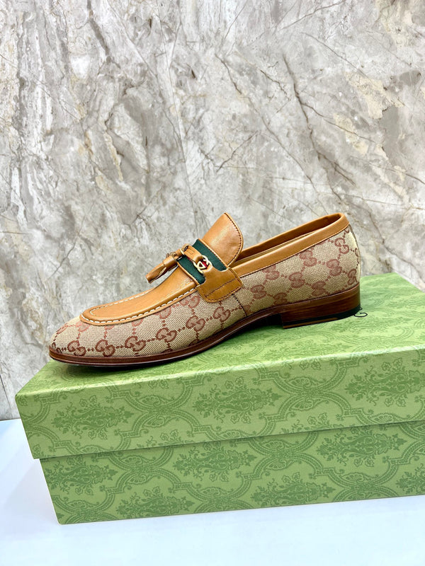 GG Men's Tassel Loafer Light Brown Cowhide Canvas 548743