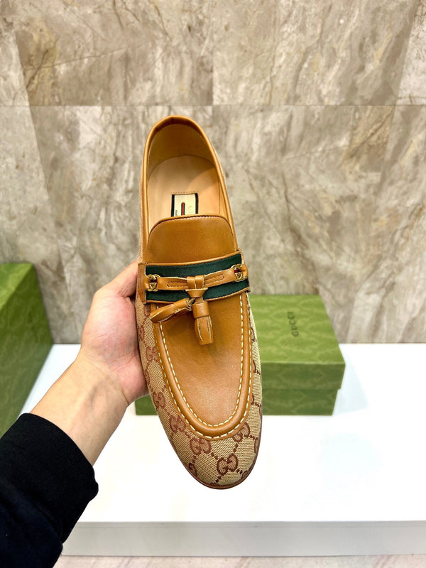 GG Men's Tassel Loafer Light Brown Cowhide Canvas 548743