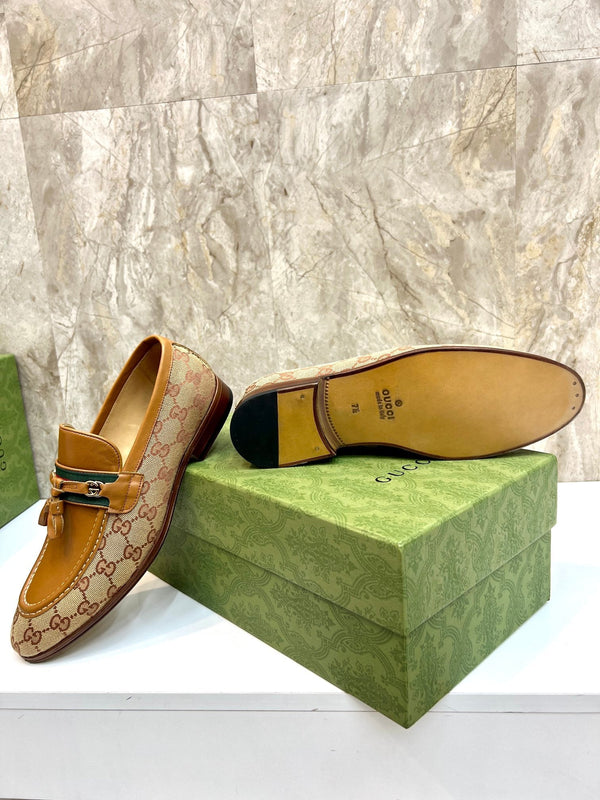GG Men's Tassel Loafer Light Brown Cowhide Canvas 548743