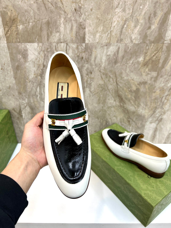 GG Men's Tassel Loafer White Black Patent Leather 548747