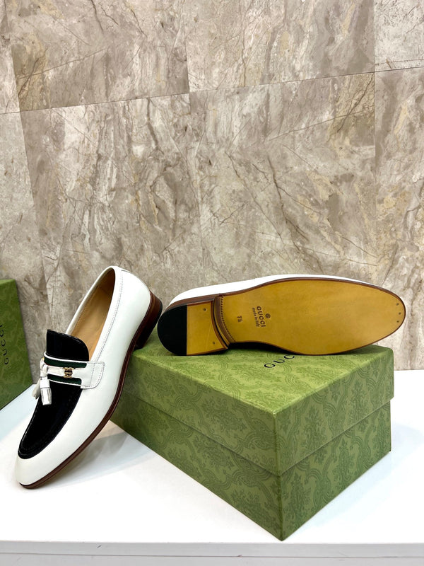 GG Men's Tassel Loafer White Black Patent Leather 548747