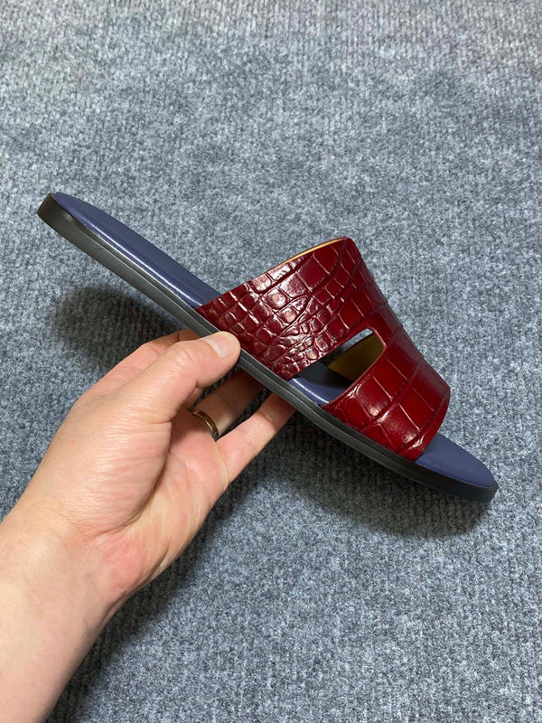 SANDALO HM IZMIR CON MOTIVO COCCODRILLO IN PELLE DI VITELLO INDACO E MATTONE