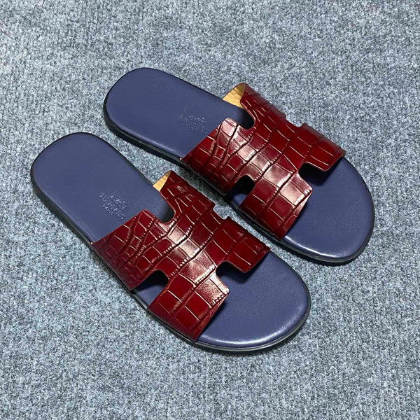 SANDALO HM IZMIR CON MOTIVO COCCODRILLO IN PELLE DI VITELLO INDACO E MATTONE