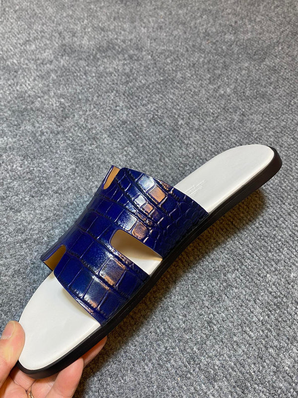 SANDALO HM IZMIR CON MOTIVO COCCODRILLO IN PELLE DI VITELLO BLU E BIANCO