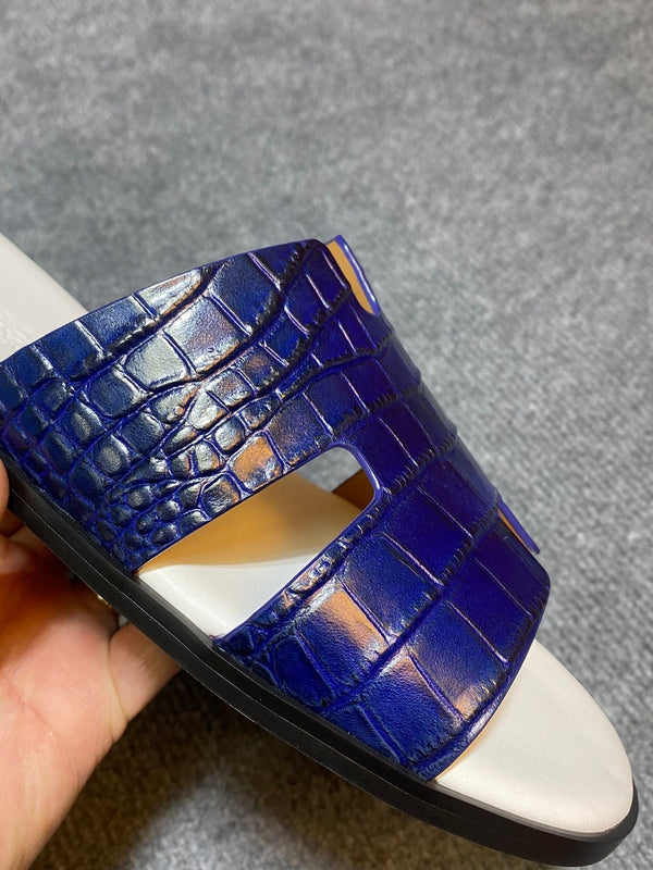 SANDALO HM IZMIR CON MOTIVO COCCODRILLO IN PELLE DI VITELLO BLU E BIANCO