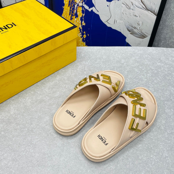 FENDI GRAPHY LOGO LETTERING SLIDES IN BEIGE LAMBSKIN WITH GOLD HARDWARE
