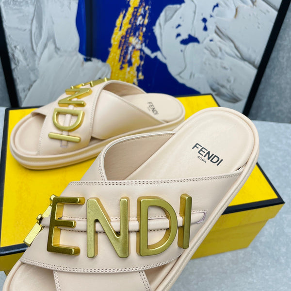 FENDI GRAPHY LOGO LETTERING SLIDES IN BEIGE LAMBSKIN WITH GOLD HARDWARE