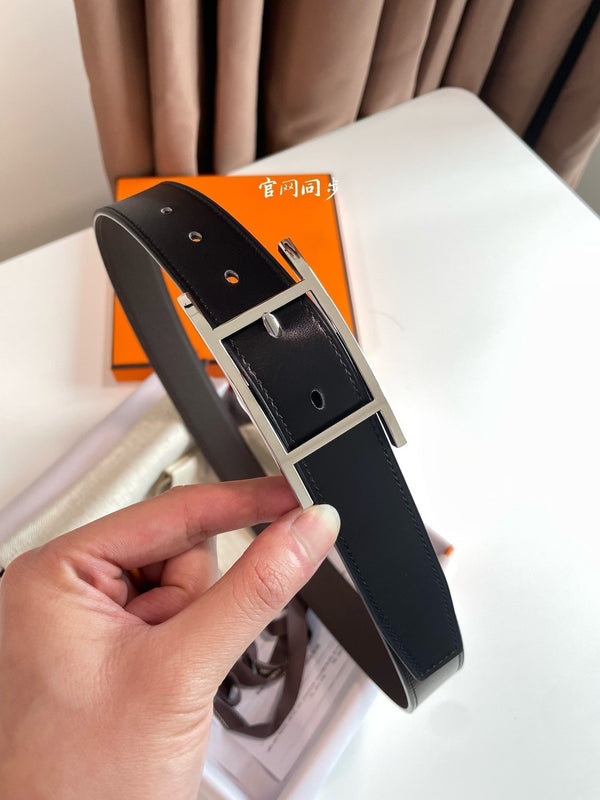 HM Silver Quentin Reversible 32mm Belt Black Chocolate Leather 187794