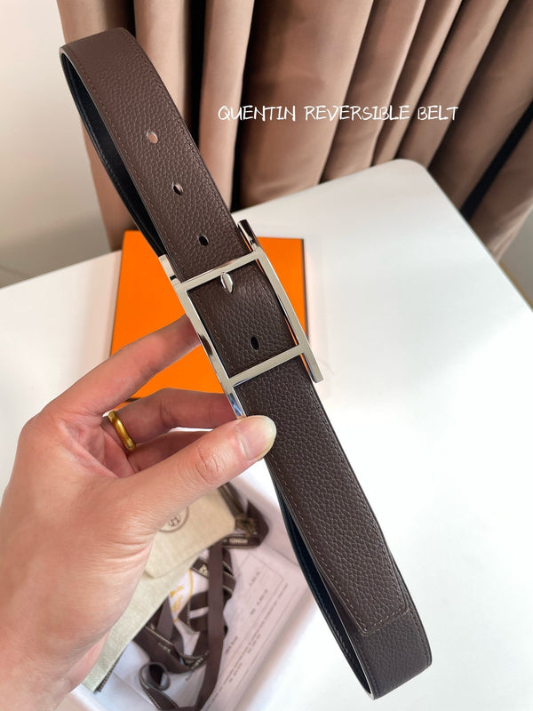 HM Silver Quentin Reversible 32mm Belt Black Chocolate Leather 187794