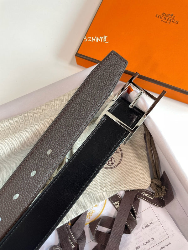 HM Silver Quentin Reversible 32mm Belt Black Chocolate Leather 187794