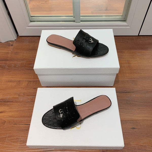 Sandali estivi con ciondoli, muli, neri, in pelle di struzzo e marrone