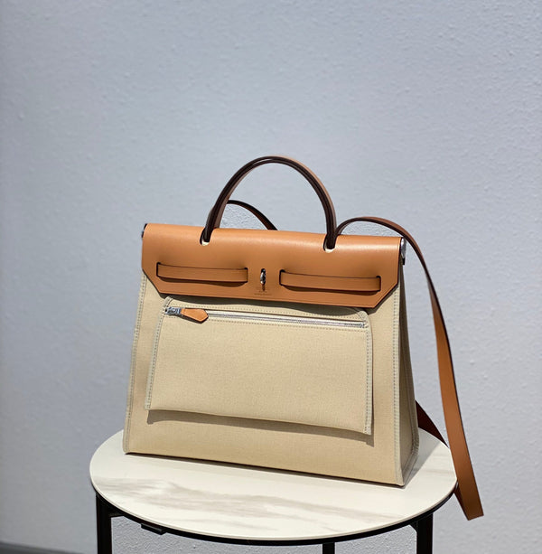 Herbag 31 Toile Light Beige Canvas Gold Cowhide Leather