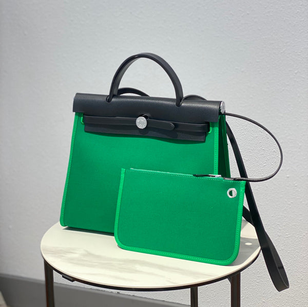 Herbag 31 Toile Green Canvas Pelle di vacchetta nera