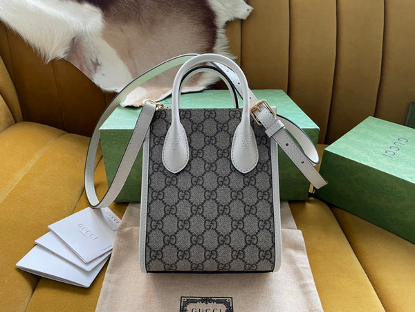 BORSA MINI TOTE 20 IN TELA BEIGE E PELLE DI VITELLO BIANCA