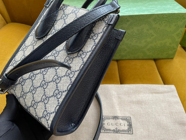 BORSA MINI TOTE 20 IN TELA BEIGE E PELLE DI VITELLO NERA