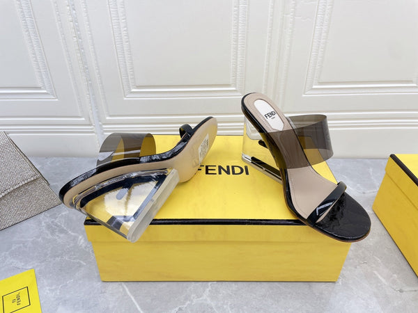 FENDI FIRST 95 MM HIGH-HEELED SANDAL IN BLACK TPU FILM AND LAMBSKIN