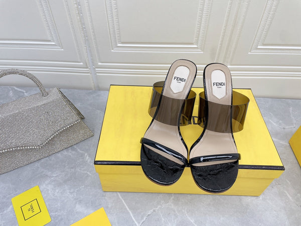 FENDI FIRST 95 MM HIGH-HEELED SANDAL IN BLACK TPU FILM AND LAMBSKIN