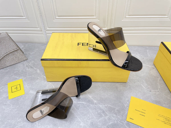 FENDI FIRST 95 MM HIGH-HEELED SANDAL IN BLACK TPU FILM AND LAMBSKIN