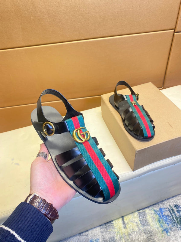 GG Men's Web Sandals Black Cowhide 743278