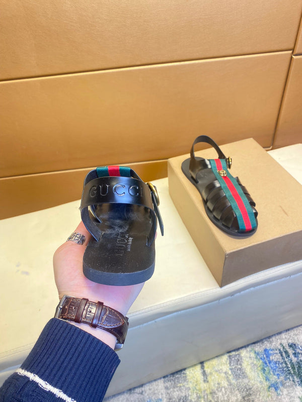 GG Men's Web Sandals Black Cowhide 743278