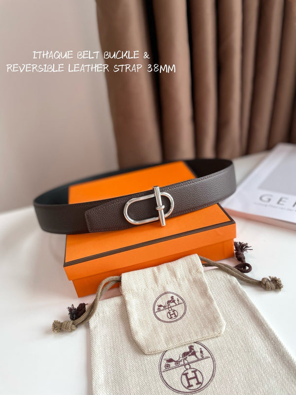 HM ITHAQUE BELT SILVER BUCKLE & REVERSIBLE CHOCOLATE BROWN AND BLACK LEATHER STRAP 38MM