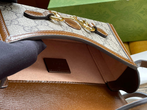 BORSA GG HORSEBIT 1955 MINI 18 IN TELA BEIGE E PELLE DI VITELLO MARRONE