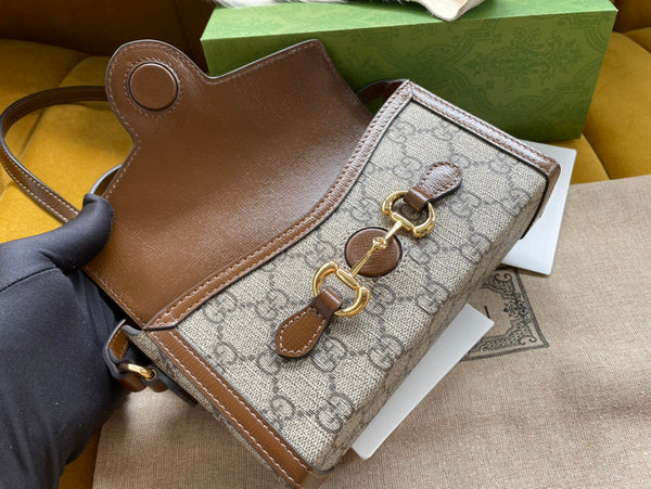 BORSA GG HORSEBIT 1955 MINI 18 IN TELA BEIGE E PELLE DI VITELLO MARRONE