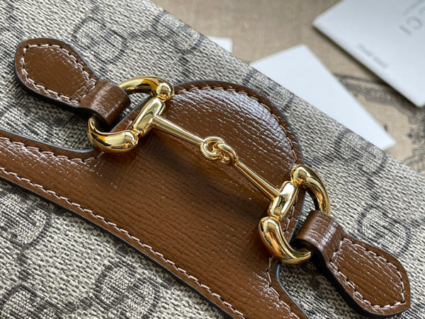 BORSA GG HORSEBIT 1955 MINI 18 IN TELA BEIGE E PELLE DI VITELLO MARRONE