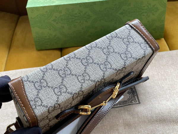 BORSA GG HORSEBIT 1955 MINI 18 IN TELA BEIGE E PELLE DI VITELLO MARRONE