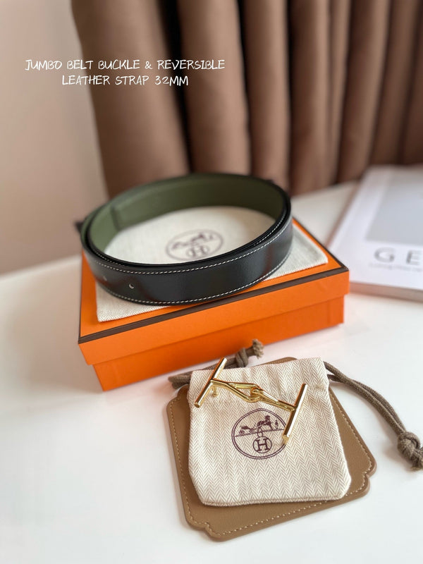 JUMBO BELT GOLD BUCKLE & REVERSIBLE OLIVE GREEN AND BLACK LEATHER STRAP 32MM