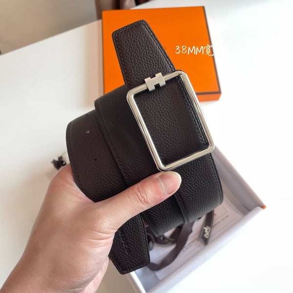 TUBE H BELT GOLD BUCKLE & REVERSIBLE DARK BROWN LEATHER STRAP 38MM