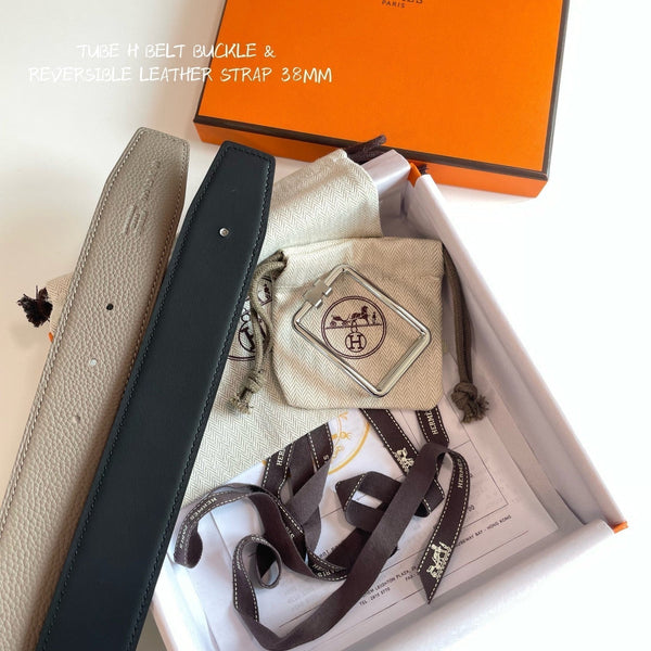 FIBBIA PER CINTURA TUBE H E CINTURINO REVERSIBILE IN PELLE MARRONE KAKI E NERA 38 MM FERRAMENTA ARGENTO