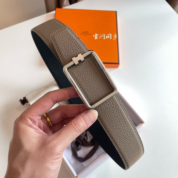 FIBBIA PER CINTURA TUBE H E CINTURINO REVERSIBILE IN PELLE MARRONE KAKI E NERA 38 MM FERRAMENTA ARGENTO