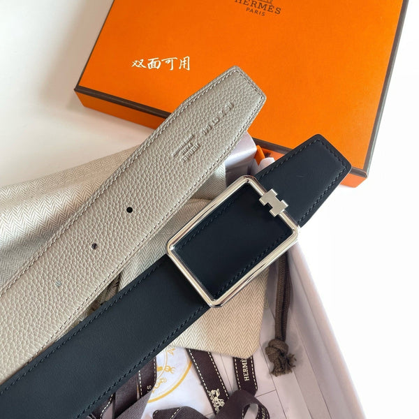 FIBBIA PER CINTURA TUBE H E CINTURINO REVERSIBILE IN PELLE MARRONE KAKI E NERA 38 MM FERRAMENTA ARGENTO