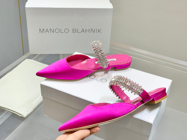 Manolo Flats Mules Diamond Buckle Dark Pink Silk Satin 327481