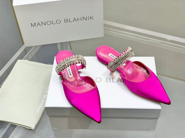 Manolo Flats Mules Diamond Buckle Dark Pink Silk Satin 327481