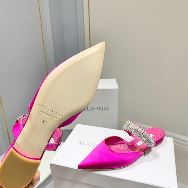 Manolo Flats Mules Diamond Buckle Dark Pink Silk Satin 327481