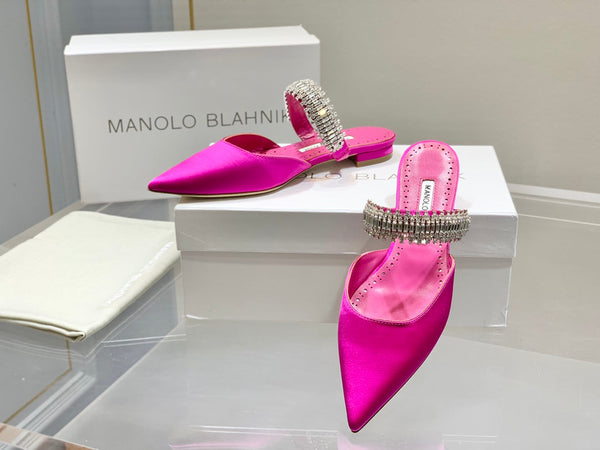 Manolo Flats Mules Diamond Buckle Dark Pink Silk Satin 327481