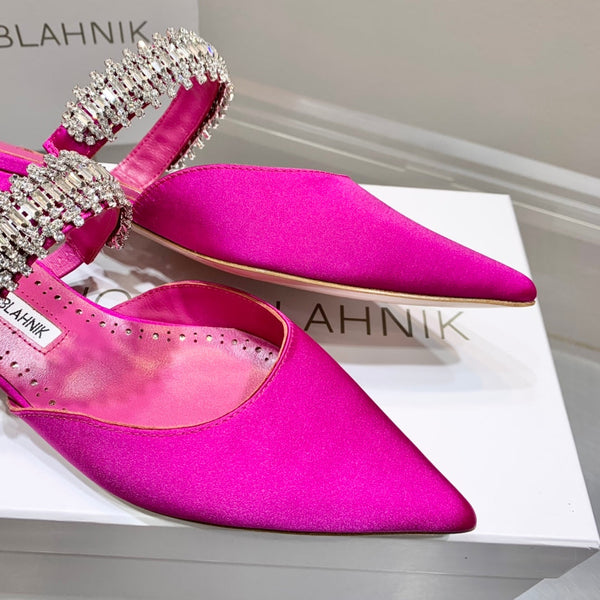 Manolo Flats Mules Diamond Buckle Dark Pink Silk Satin 327481