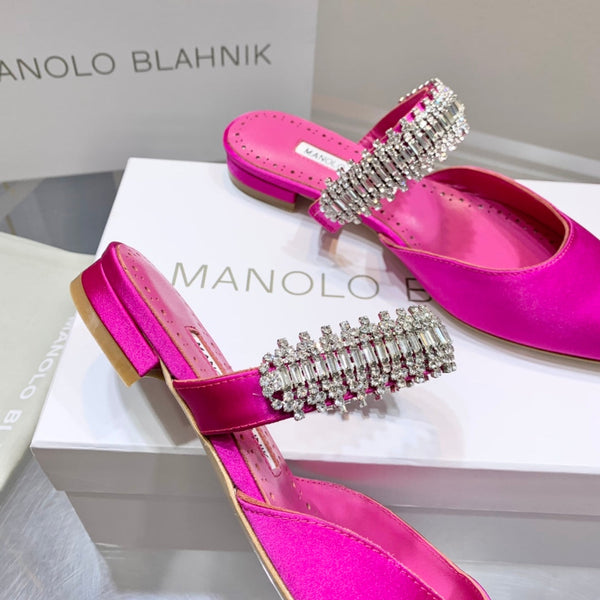 Manolo Flats Mules Diamond Buckle Dark Pink Silk Satin 327481