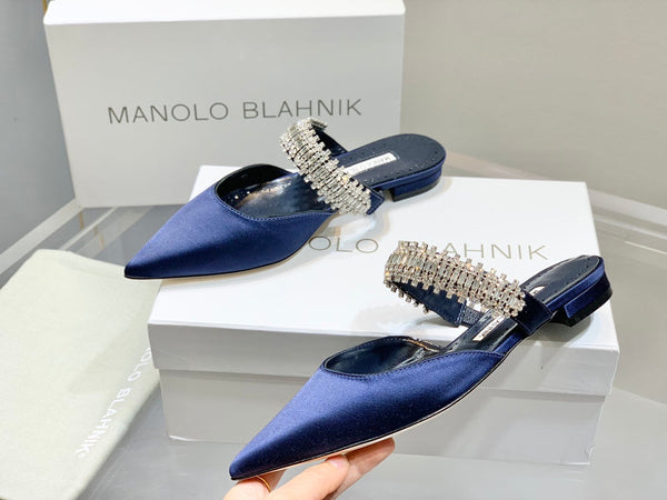 Manolo Flats Mules Diamond Buckle Navy Blue Silk Satin 327482