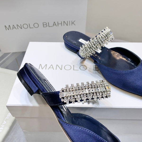 Manolo Flats Mules Diamond Buckle Navy Blue Silk Satin 327482