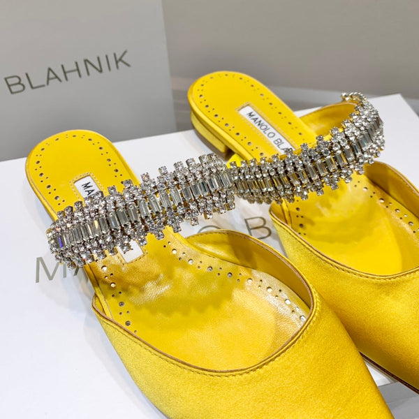 Manolo Flats Mules Diamond Buckle Yellow Silk Satin 327483