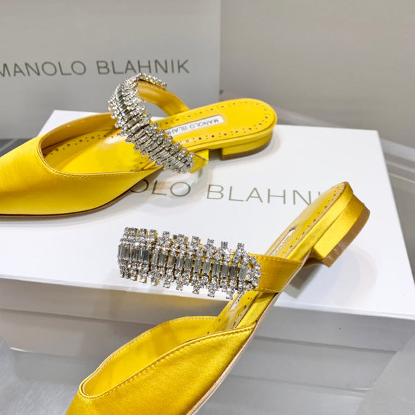 Manolo Flats Mules Diamond Buckle Yellow Silk Satin 327483