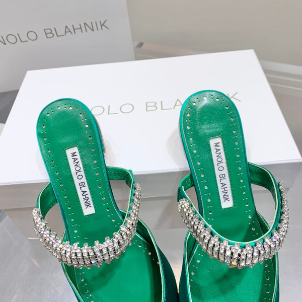 Manolo Flats Mules Diamond Buckle Green Silk Satin 327484