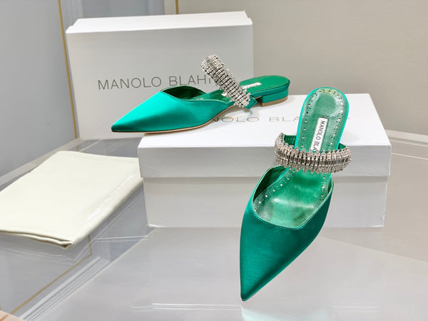 Manolo Flats Mules Diamond Buckle Green Silk Satin 327484